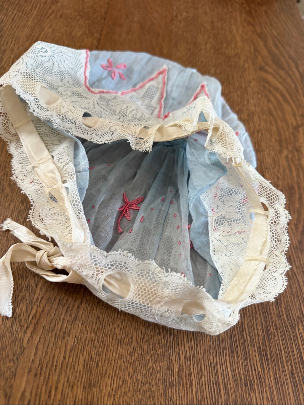 Antique blue and pink lace-trimmed night bonnet - Picture 5 of 6